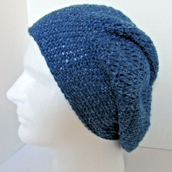 Dark Blue Slouchy Hat, Baggy Beanie Cap Dreadlock Handmade Crochet Knit Size M - Picture 1 of 7
